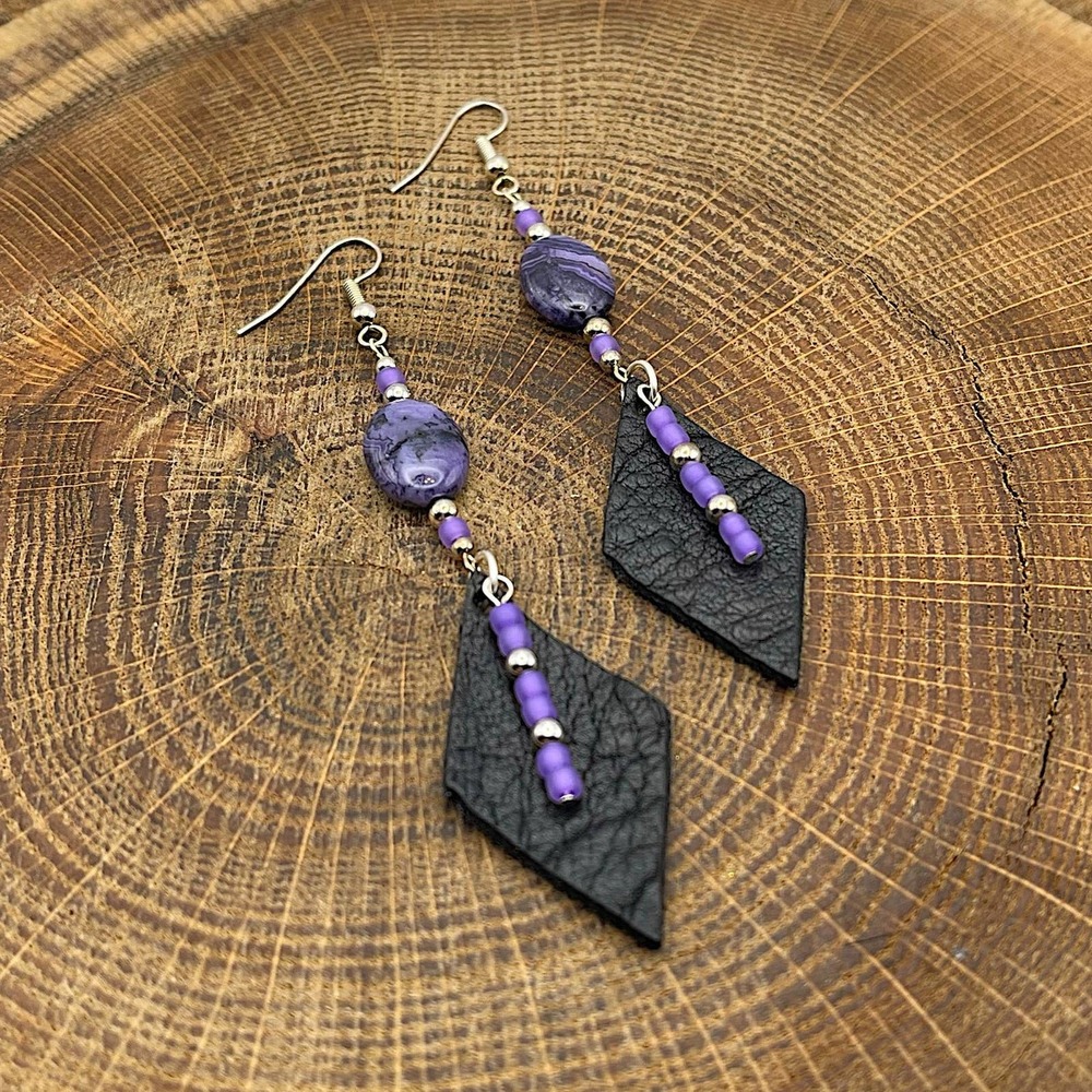 Leather Diamond Gemstone Dangle Earrings Purple Crazy Lace Agate Silver Beads